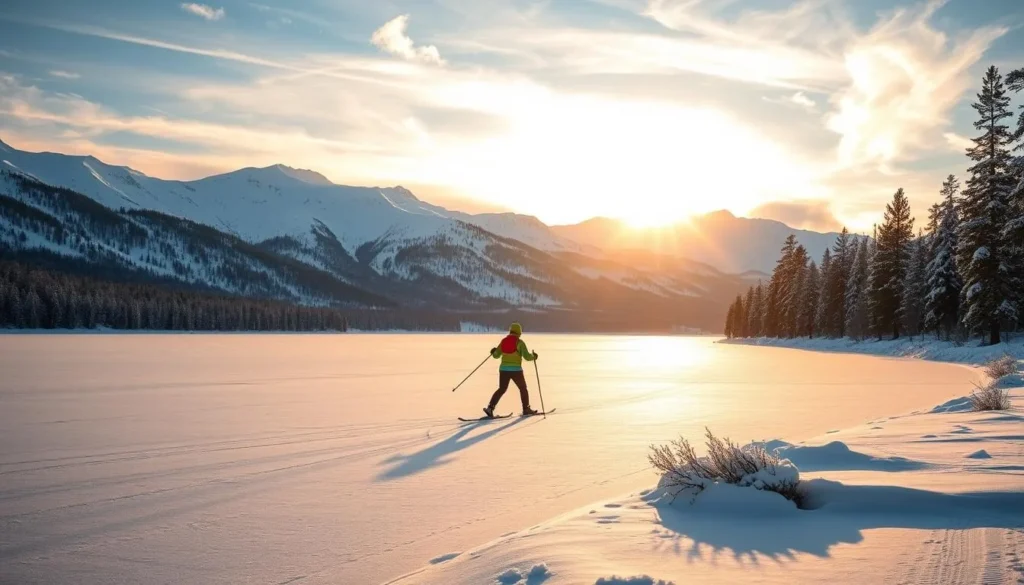A picturesque winter landscape in North Sweden, with a cross-country skier gliding across a frozen lake surrounded by snow-capped mountains. The scene is illuminated by warm, golden sunlight filtering through wispy clouds, casting a serene and peaceful atmosphere. The skier is clad in colorful outdoor gear, their movements fluid and graceful as they carve turns on the pristine, glistening surface of the lake. Evergreen trees line the shoreline, their branches heavy with fresh snow, adding depth and texture to the tranquil setting. The overall mood is one of tranquility and the beauty of the great outdoors in the heart of the Swedish wilderness.
