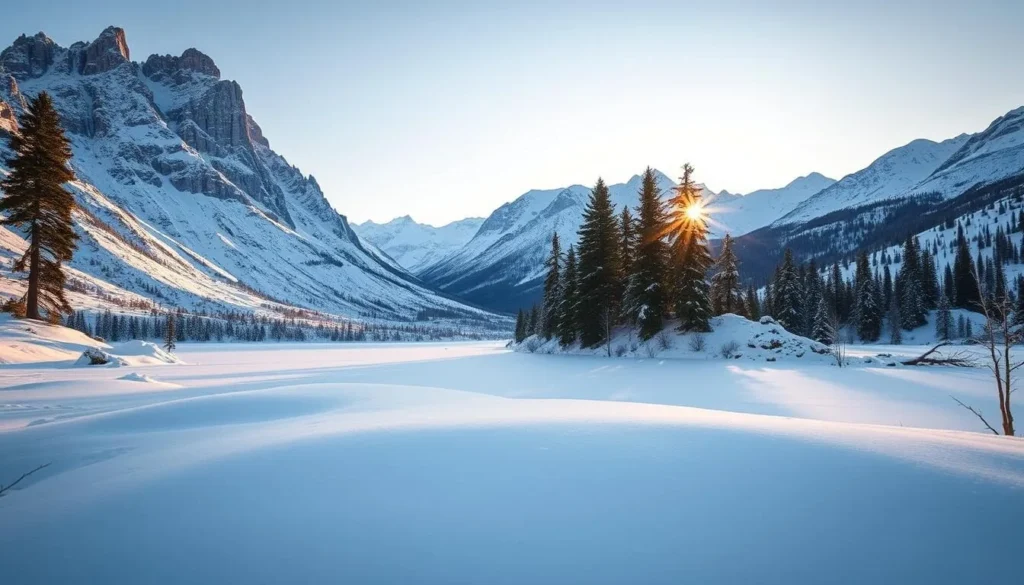 A picturesque winter landscape in Snohetta National Park, Norway. A foreground of pristine snow-covered mountains with jagged peaks reaching towards the sky. In the middle ground, a frozen lake reflects the surrounding scenery like a mirror. Tall, evergreen trees dot the hillsides, their branches laden with fresh snow. The background features a stunning panorama of snow-capped peaks, their icy slopes glimmering in the crisp, clear light. The scene is bathed in a warm, golden glow as the sun dips low on the horizon, casting a serene, tranquil atmosphere over the entire landscape.