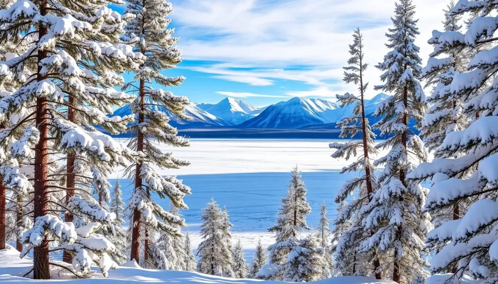 A picturesque winter landscape in Urho Kekkonen National Park, Finland. Crisp, snow-covered pine trees line the foreground, their branches glistening in the soft, natural lighting. In the middle ground, a frozen lake reflects the azure sky above, its surface dotted with the tracks of wildlife. Majestic, snow-capped mountains rise in the distance, their peaks reaching towards the heavens. The scene exudes a serene, tranquil atmosphere, perfectly capturing the beauty and wonder of this pristine, Nordic wilderness during the winter season.