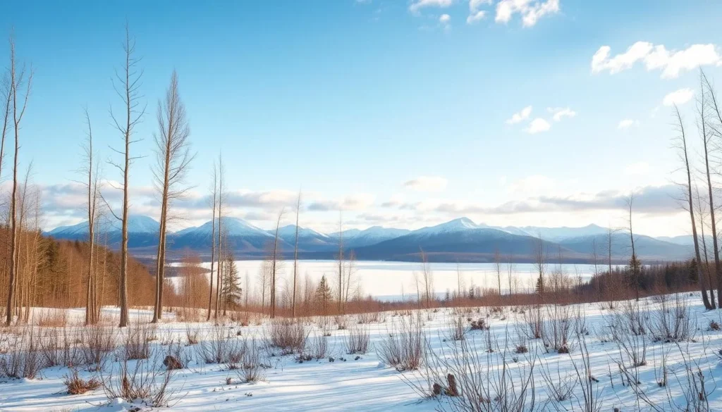 A picturesque winter landscape in the rolling hills of Trondelag, Norway. In the foreground, a snow-covered forest with tall, bare trees casting delicate shadows on the pristine white blanket below. In the middle ground, a frozen lake reflects the pale blue sky, dotted with fluffy white clouds. On the horizon, majestic snow-capped mountains rise up, their peaks glistening in the soft, warm light of a winter's day. The scene is bathed in a serene, peaceful atmosphere, inviting viewers to step into the tranquil outdoors and enjoy the natural beauty of this winter wonderland.