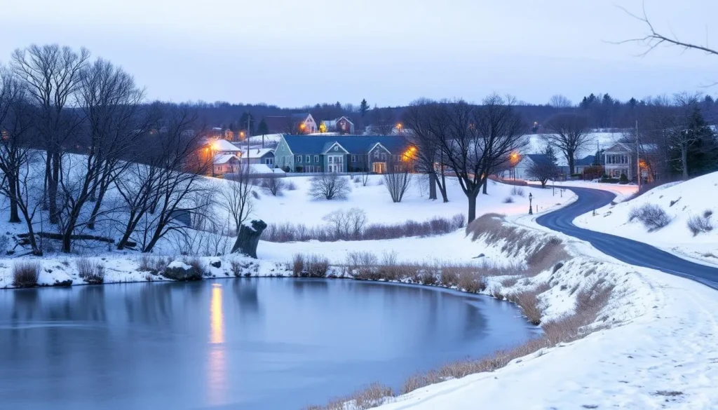 A picturesque winter landscape on Martha's Vineyard, Massachusetts. Glistening snow blankets the rolling hills, dotted with bare trees silhouetted against a pale blue sky. In the foreground, a frozen pond reflects the tranquil scene, while in the distance, a quaint New England town nestles among the trees, its historic buildings peeking through the snowy veil. The warm glow of streetlamps casts a soft light, creating a cozy, inviting atmosphere. A winding country road leads the eye through the serene, wintry tableau, inviting the viewer to step into this peaceful, weather-worn island retreat.