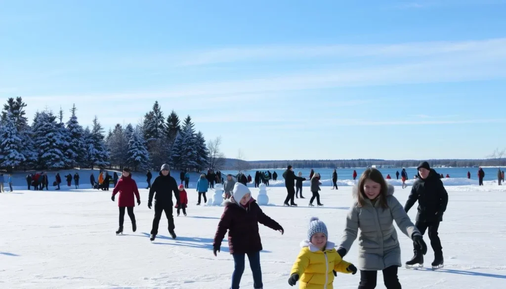 A picturesque winter scene at Lake Johanna, Minnesota. In the foreground, families ice skating on the frozen lake, their laughter and movements captured in crisp detail. In the middle ground, groups of people building snowmen and having snowball fights, their figures bundled up in cozy winter attire. The background reveals a serene landscape, with snow-covered pine trees lining the shore and a clear, blue sky overhead, bathed in soft, diffused sunlight that casts a warm glow over the entire scene. The overall atmosphere is one of joyful, wholesome winter activities, inviting the viewer to imagine themselves immersed in the tranquil beauty of this idyllic winter wonderland. A picturesque winter scene at Lake Johanna, Minnesota. In the foreground, families ice skating on the frozen lake, their laughter and movements captured in crisp detail. In the middle ground, groups of people building snowmen and having snowball fights, their figures bundled up in cozy winter attire. The background reveals a serene landscape, with snow-covered pine trees lining the shore and a clear, blue sky overhead, bathed in soft, diffused sunlight that casts a warm glow over the entire scene. The overall atmosphere is one of joyful, wholesome winter activities, inviting the viewer to imagine themselves immersed in the tranquil beauty of this idyllic winter wonderland.