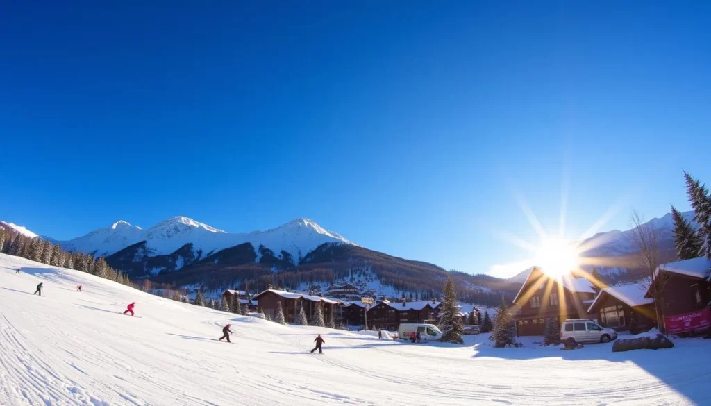 A picturesque winter scene at Sunshine Village Ski Resort nestled in the Canadian Rockies. In the foreground, skiers and snowboarders carve graceful turns down pristine, snow-covered slopes bathed in warm, golden sunlight. In the middle ground, the quaint alpine village with its charming chalets and gondola station stands in contrast to the towering, snow-capped peaks that rise majestically in the background. The air is crisp, the sky a brilliant azure blue, and a sense of peaceful tranquility pervades the scene. Capture this idyllic winter wonderland with a wide-angle lens to convey the grandeur and scale of this stunning mountain landscape.