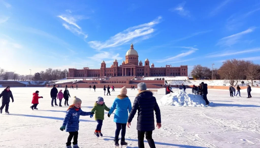 A picturesque winter scene in Chandigarh, India. In the foreground, families ice skating on a frozen lake, bundled up in warm coats and scarves. In the middle ground, a group of friends building a snow fort, laughter echoing across the landscape. In the background, the iconic Capitol Complex buildings stand tall, their sandstone facades dusted with a light layer of snow. The sky is a brilliant blue, with wispy clouds overhead. Soft, diffused lighting creates a serene, magical atmosphere, casting long shadows across the snowy terrain. Capture the joy and wonder of a Chandigarh winter day.