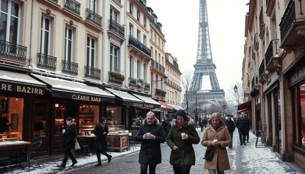 A picturesque winter scene in Paris, France, featuring a cozy street lined with charming cafes, bakeries, and shops. In the foreground, people bundled in warm coats and scarves stroll along the snow-dusted cobblestones, sipping hot beverages. The middle ground showcases the iconic Parisian architecture, with ornate balconies and wrought-iron details. In the background, the Eiffel Tower rises majestically, its latticed structure silhouetted against a soft, overcast sky. The overall mood is one of tranquility and Parisian elegance, capturing the essence of winter in the city.