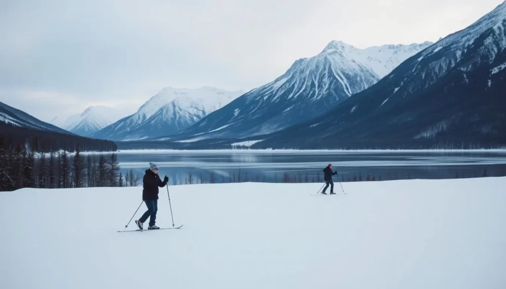 A picturesque winter scene in Snohetta National Park, Norway. In the foreground, a group of people engage in cross-country skiing, their skis gliding effortlessly over the pristine, snow-covered landscape. In the middle ground, a frozen lake reflects the majestic mountains in the background, their peaks dusted with a fresh layer of snow. The lighting is soft and diffused, creating a serene and peaceful atmosphere. The image captures the tranquility and beauty of the park during the winter season, inviting the viewer to imagine the joy of participating in various cold-weather activities beyond just hiking.