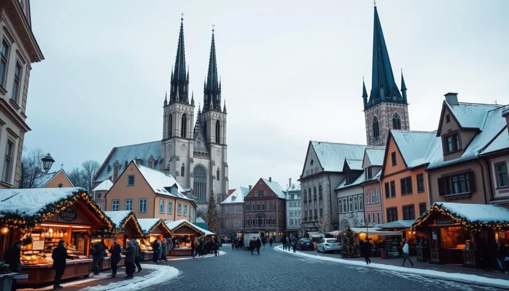 A picturesque winter scene of Brno, Czechia during the Christmas season. The historic city center is blanketed in a soft layer of snow, casting a warm, festive glow over the cobblestone streets and charming Baroque architecture. In the foreground, a quaint Christmas market bustles with locals and visitors browsing handcrafted goods and sipping mulled wine. Towering spires of the Cathedral of St. Peter and St. Paul rise majestically in the background, their Gothic silhouettes framed against a crisp, blue sky. Twinkling lights adorn the buildings, creating a magical, atmospheric ambiance. The overall mood is cozy, joyful, and quintessentially Central European.