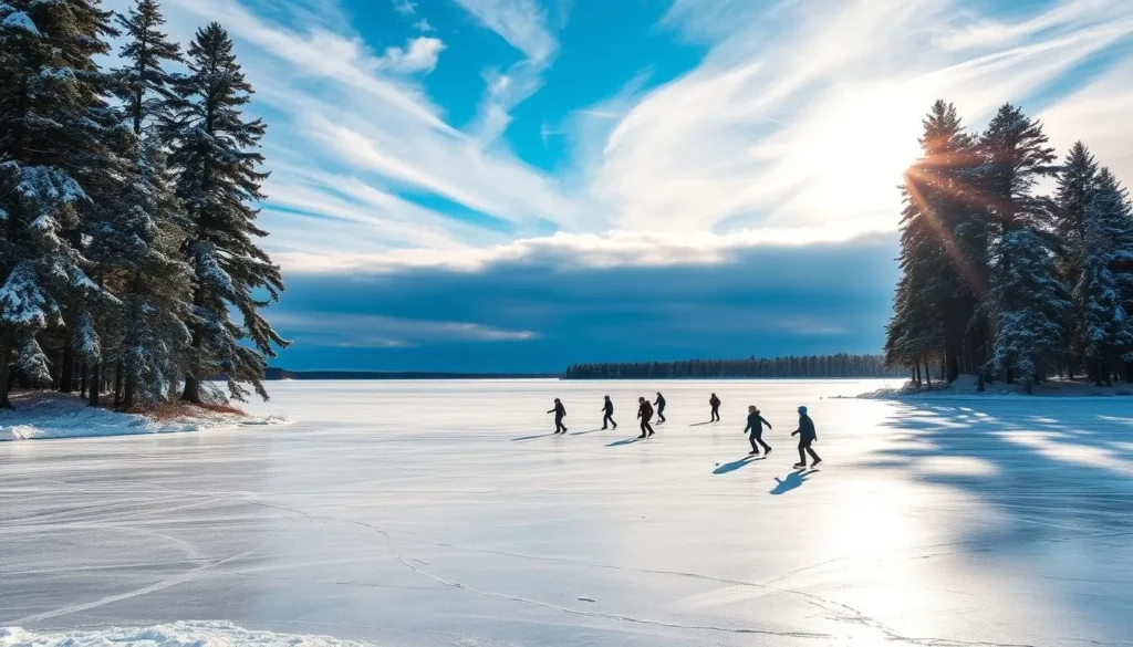 A picturesque winter scene on the frozen expanse of Lake Kallavesi. Graceful ice skaters glide effortlessly across the smooth, glistening surface, their blades carving intricate patterns in the ice. Towering pines flank the shores, their snow-dusted branches casting long shadows. The sky is a brilliant shade of azure, with wispy clouds drifting overhead. The sun's rays filter through, casting a warm, golden glow over the tranquil landscape. Capture the serene beauty of this Finnish winter wonderland, where the tranquility of the lake is matched only by the joyful dance of the skaters.