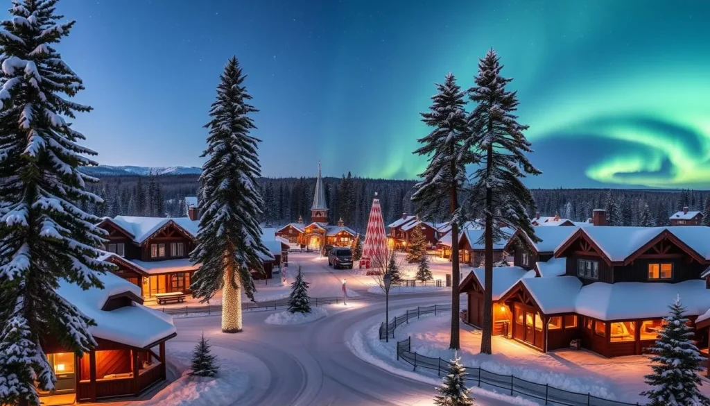 A picturesque winter wonderland in Lapland, the capital city of Rovaniemi is beautifully blanketed in snow. In the foreground, a charming town square is lined with cozy, traditional buildings adorned with twinkling lights. Towering pine trees sway gently in the soft breeze, their branches heavy with freshly fallen snow. In the middle ground, the iconic Santa Claus Village comes into view, its iconic red-roofed buildings and candy-cane-striped poles standing out against the pristine, white landscape. In the distance, the Northern Lights dance gracefully across the clear, starry sky, casting an ethereal glow over the entire scene. Vibrant, festive, and full of Nordic charm, this enchanting image captures the magic of Lapland's capital. A picturesque winter wonderland in Lapland, the capital city of Rovaniemi is beautifully blanketed in snow. In the foreground, a charming town square is lined with cozy, traditional buildings adorned with twinkling lights. Towering pine trees sway gently in the soft breeze, their branches heavy with freshly fallen snow. In the middle ground, the iconic Santa Claus Village comes into view, its iconic red-roofed buildings and candy-cane-striped poles standing out against the pristine, white landscape. In the distance, the Northern Lights dance gracefully across the clear, starry sky, casting an ethereal glow over the entire scene. Vibrant, festive, and full of Nordic charm, this enchanting image captures the magic of Lapland's capital.