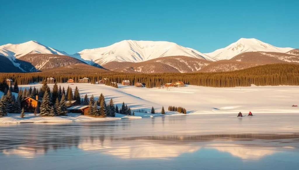 A picturesque winter wonderland in Levi, Finland. Majestic snow-capped mountains rise in the background, their peaks piercing the crisp, azure sky. In the foreground, a cozy village nestled among evergreen trees, its charming wooden cabins and traditional Finnish architecture bathed in warm, golden light. A tranquil frozen lake reflects the serene scene, its surface adorned with intricate ice patterns. Skiers and snowboarders carve graceful lines through the pristine snow, while snowmobiles leave trails in the distance. The overall atmosphere evokes a sense of peaceful, magical escapism - a true haven for outdoor enthusiasts and nature lovers alike.