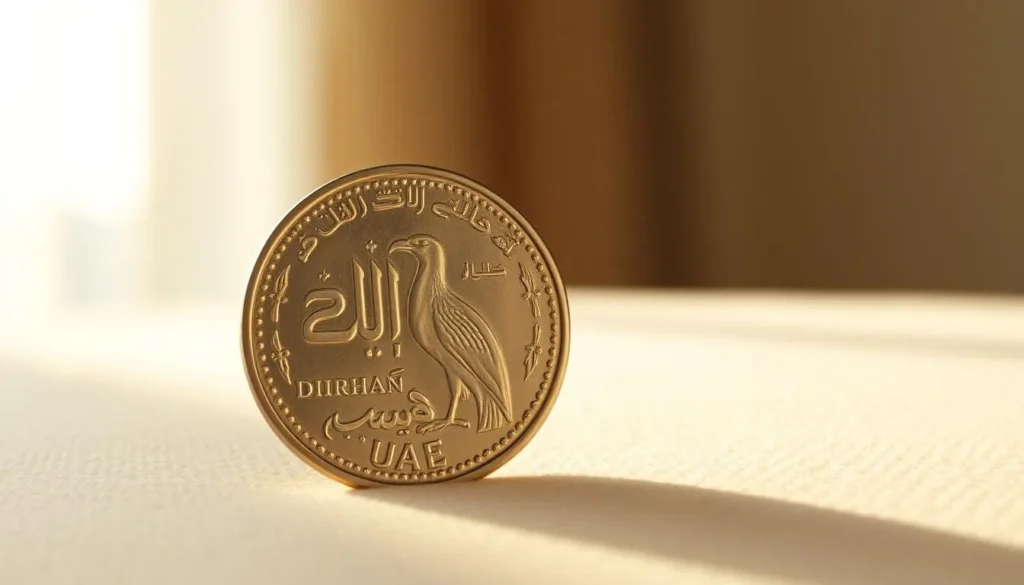 A pristine UAE dirham coin resting on a soft, beige surface, capturing the essence of the United Arab Emirates' official currency. The dirham's intricate design, featuring the iconic falcon and Arabic calligraphy, is illuminated by natural sunlight streaming in from an unseen window, creating a warm and inviting atmosphere. The coin's metallic sheen reflects the light, adding depth and dimension to the image. The background is minimalist, allowing the dirham to take center stage and convey a sense of simplicity and elegance.