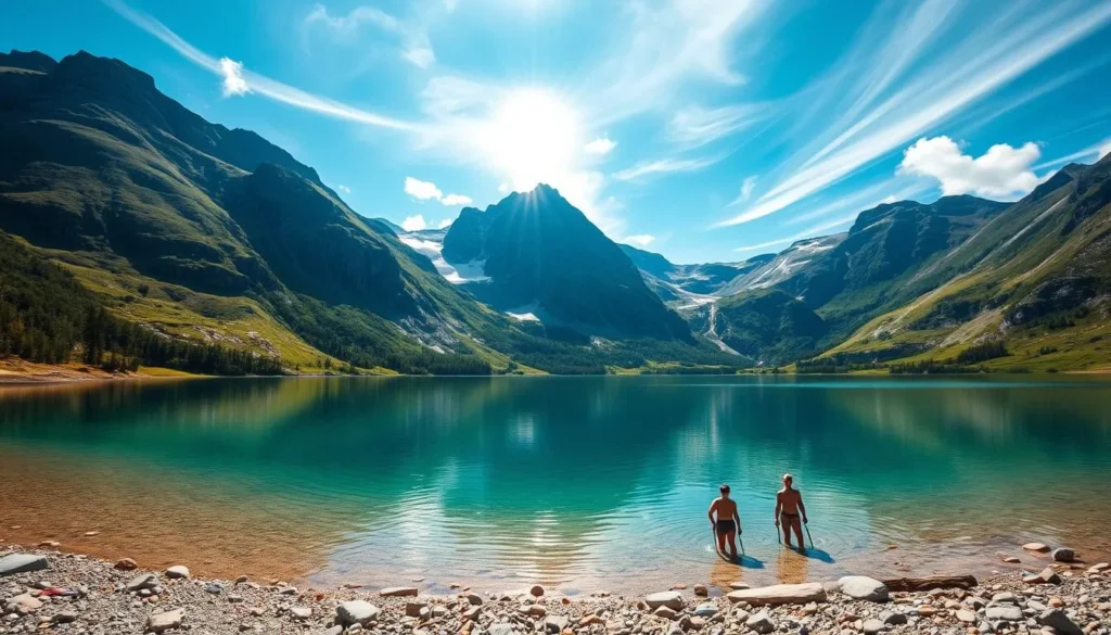 A pristine alpine lake nestled among the rugged peaks of Borgefjell National Park, Norway. Crystalline waters reflect the towering mountains and lush, verdant shores. Sunlight filters through wispy clouds, casting a warm, golden glow over the serene scene. Picturesque beaches dotted with smooth stones invite visitors to relax and enjoy the tranquil surroundings. Hikers pause to cool off in the refreshing waters, capturing the natural beauty of this stunning wilderness destination.