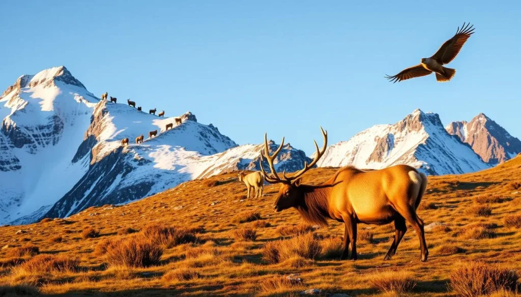A pristine alpine landscape in Jotunheimen National Park, Norway. In the foreground, a majestic elk grazes peacefully, its magnificent antlers casting long shadows in the soft, golden light of the afternoon sun. Behind it, a herd of hardy, wooly mountain goats clamber up the rugged, snow-capped peaks, their nimble hooves navigating the treacherous terrain with ease. In the distance, a soaring golden eagle glides effortlessly on the cool mountain breeze, surveying the stunning natural wonder that is Jotunheimen. The scene conveys a sense of tranquility and harmony, showcasing the diverse and thriving wildlife that calls this pristine wilderness home.
