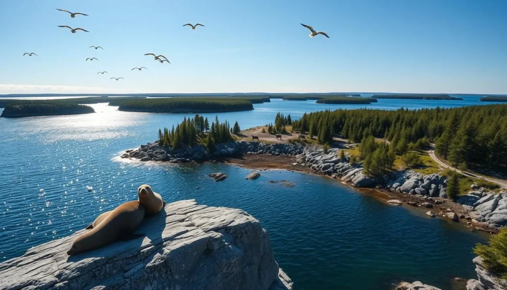 A pristine archipelago of forested islands and rocky shores, Haparanda Skärgård National Park in northern Sweden. Sunlight dances across the calm, cerulean waters as seabirds soar overhead. In the foreground, a trio of seals bask on a weathered granite outcrop, their sleek, silvery bodies glistening. In the middle distance, a family of elk grazes peacefully amidst the lush, verdant foliage. The backdrop features a panoramic vista of the archipelago, its densely wooded islands receding into the horizon under a cloudless, azure sky. Capture the tranquil beauty and abundant wildlife of this pristine natural haven through a wide-angle lens, conveying a sense of peaceful solitude and untamed wilderness.