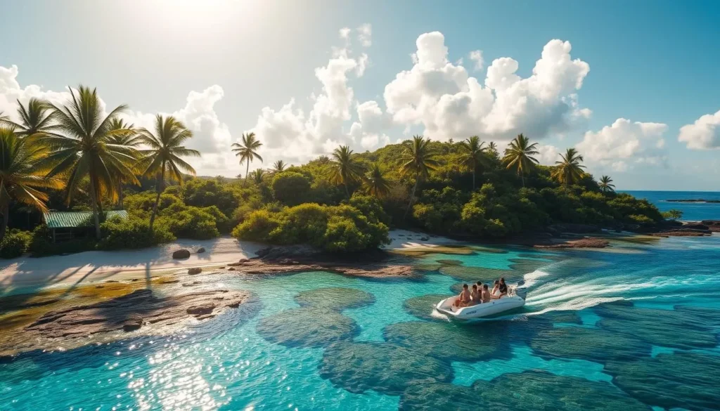 A pristine azure sea laps against the sandy shores of a lush, verdant island. Towering palm trees sway gently in the warm breeze, casting dappled shadows on the tranquil coves below. A small motorboat glides across the crystalline waters, carrying a group of adventurous day-trippers exploring the hidden treasures of this tropical paradise. The sun's golden rays illuminate the vibrant hues of the coral reefs teeming with marine life, while fluffy white clouds drift lazily overhead, completing the picture-perfect scene of a captivating day trip to a nearby island oasis.