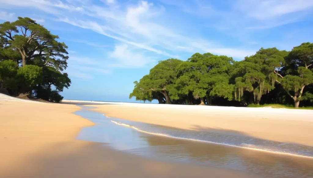 A pristine beach on Cumberland Island, Georgia, with golden sand and gentle waves lapping at the shore. In the middle ground, a dense, verdant forest of live oak trees draped in Spanish moss casts a serene, atmospheric shadow. The background features a clear, azure sky with wispy clouds drifting overhead, creating a soft, natural lighting that illuminates the scene. The overall atmosphere is one of tranquility and unspoiled natural beauty, capturing the essence of this picturesque coastal Georgia island.