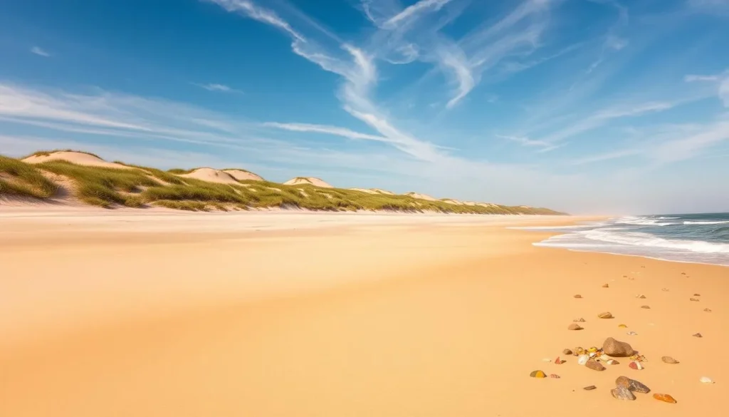 A pristine beach on a sun-drenched day, with gently lapping waves caressing the fine, golden sand. Towering sand dunes stretch out in the distance, their slopes adorned with swaying sea oats. In the foreground, smooth rocks and colorful shells dot the shoreline, inviting exploration. The clear, azure sky is punctuated by wispy, cloud-like formations, casting a warm, natural glow over the tranquil scene. A serene and untouched coastal landscape, teeming with the vibrant hues and untamed beauty of a North Carolina barrier island.