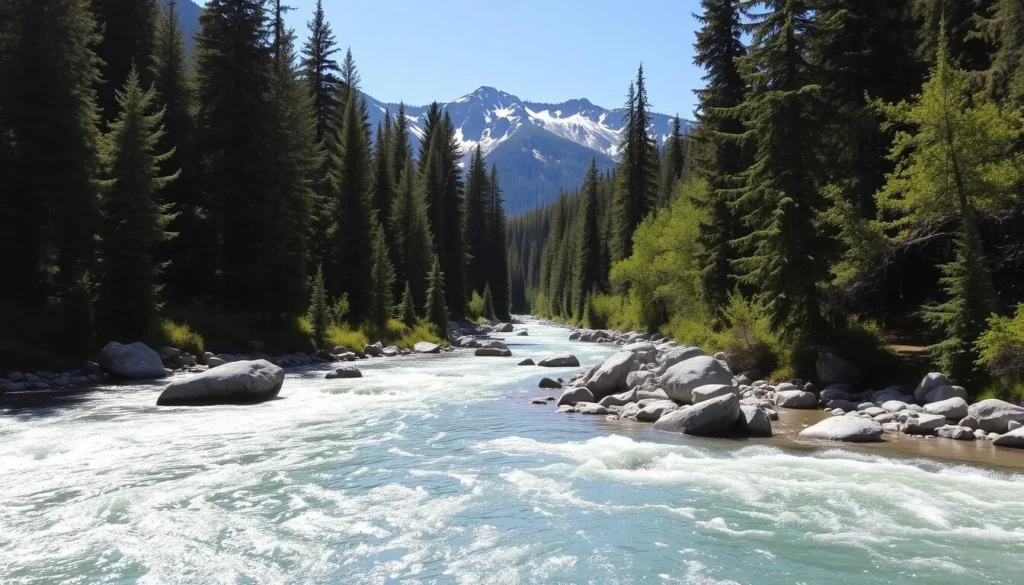A pristine mountain river winds its way through a lush, verdant landscape. The Elk River glistens in the warm sunlight, its crystal-clear waters flowing gracefully over smooth rocks and boulders. Towering evergreen trees line the riverbanks, casting gentle shadows on the surface. In the distance, snow-capped peaks rise majestically, creating a picturesque backdrop. The scene exudes a serene, tranquil atmosphere, inviting outdoor enthusiasts to explore the natural beauty of this stunning waterway.