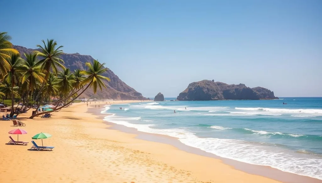 A pristine, sun-drenched afternoon at Mancora Beach, Peru. The golden sand stretches out, inviting visitors to stroll along the gently lapping waves of the Pacific Ocean. In the foreground, colorful umbrellas and beach chairs dot the shoreline, while surfers glide across the turquoise waters. The middle ground features palm trees swaying in the light breeze, casting dappled shadows on the sand. In the distance, rugged cliffs rise up, framing the serene scene. The lighting is warm and natural, highlighting the vibrant colors and creating a tranquil, relaxing atmosphere. Capture the essence of the best time to visit Mancora - a perfect day to soak up the sun, surf the waves, and immerse oneself in the laid-back coastal charm.