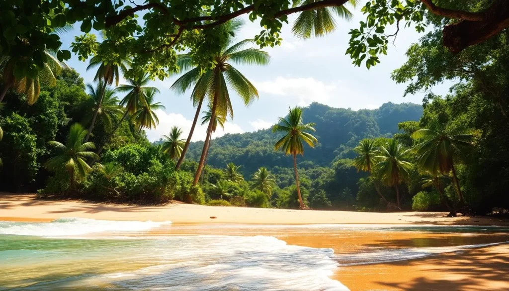 A pristine tropical beach nestled within the lush, verdant foliage of Tayrona National Park, Colombia. Warm sunlight dapples the golden sand as azure waves gently lap the shore. In the middle ground, towering palm trees sway in the gentle breeze, their fronds casting delicate shadows. Farther inland, the dense, emerald rainforest canopy rises, creating a verdant backdrop. The scene exudes a serene, tranquil atmosphere, inviting exploration of this stunning natural wonder.