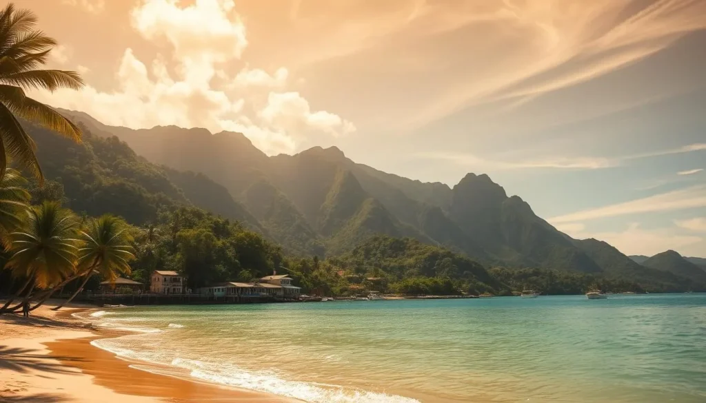 A pristine tropical paradise, Ilha de Santa Catarina: sun-drenched beaches, lush green hills, and crystal-clear waters. In the foreground, a picturesque cove with golden sands and swaying palm trees. In the middle ground, a quaint fishing village with colorful houses and local boats bobbing in the calm bay. Towering mountains in the background, their slopes blanketed in verdant Atlantic rainforest. Warm, golden sunlight filters through wispy clouds, casting a serene glow over the entire scene. Capture the essence of this Brazilian island oasis, a true gem of the southern coast.