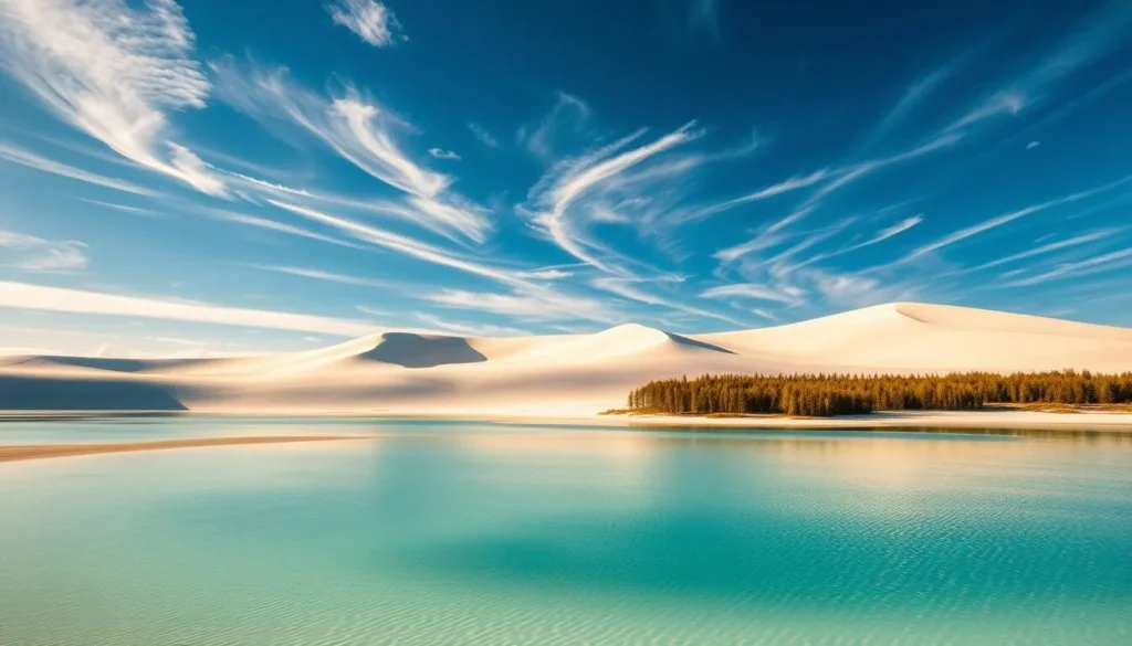 A pristine, untouched island paradise in the Baltic Sea, Gotska Sandön National Park exudes a serene, otherworldly beauty. Capture the tranquil scene of towering white sand dunes casting long shadows over the glistening shoreline, framed by a cerulean sky peppered with wispy clouds. In the foreground, a shallow azure lagoon reflects the lush pine forests and sweeping sand fields that characterize this remote, isolated wilderness. Bathed in warm, golden sunlight, the scene conveys a sense of solitude and timelessness, inviting the viewer to immerse themselves in the untamed majesty of Sweden's most secluded natural wonder.