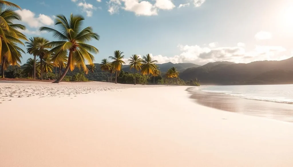 A pristine white sand beach on the idyllic Ilha do Amor, Brazil. Warm tropical sunlight bathes the scene, casting soft shadows across the fine grains. In the foreground, gentle waves caress the shoreline, inviting visitors to sink their toes into the soft, powdery sand. The middle ground features swaying palm trees, their fronds rustling in the gentle breeze. In the distance, lush green foliage and rolling hills create a picturesque backdrop, completing the serene, tranquil atmosphere. Capture the essence of this paradise, where time seems to stand still and visitors can truly relax and unwind.