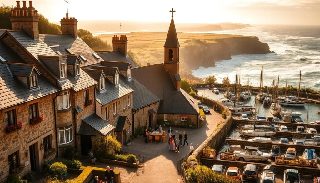A quaint Breton village nestled along the rugged Brittany coastline, bathed in warm golden sunlight. Charming stone cottages with slate roofs line the narrow, winding streets, their colorful window boxes and flower-filled gardens adding pops of vibrant hues. In the center, a historic church steeple with a distinctive Breton cross crowns the scene, its bells ringing softly. Locals gather in the cozy town square, sipping cider and chatting amiably. Rows of fishing boats bob gently in the tranquil harbor, their masts swaying in the gentle ocean breeze. The idyllic landscape is framed by the dramatic cliffs and crashing waves of the Brittany coastline, creating a quintessential Breton tableau.