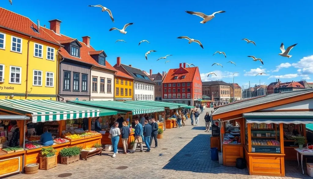 A quaint European market square in the charming coastal town of Rauma, Finland. Sun-dappled cobblestones and colorful wooden stalls brimming with local produce, handicrafts, and traditional wares. Locals and visitors mingle amidst the lively atmosphere, browsing the stalls and sampling delicacies. Picturesque historic buildings frame the scene, their warm facades reflected in the tranquil waters of the nearby harbor. Seagulls soar overhead, lending a serene seaside ambiance. Capture the vibrant sights, sounds, and scents of this quintessential Scandinavian marketplace, a hub of Rauma's unique cultural heritage and community spirit.