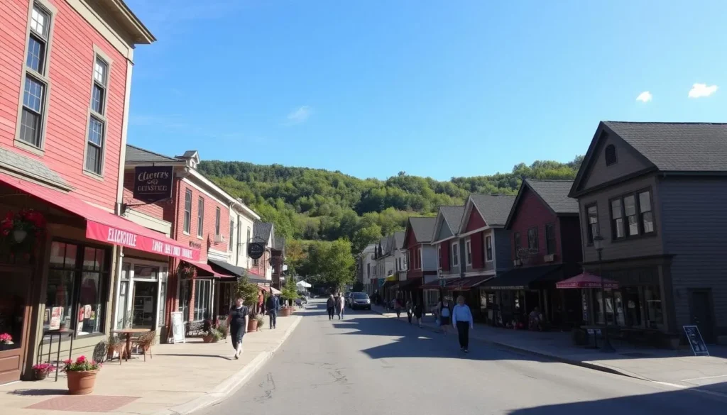 A quaint New England-style village nestled in the Ellicott Creek valley, Ellicottville, New York exudes small-town charm. Capture the essence of this picturesque setting with a scene showcasing the historic Main Street, lined with charming shops, restaurants, and cafes under a clear blue sky. Highlight the inviting, pedestrian-friendly atmosphere with people strolling along the sidewalks, enjoying the warm sunshine and lively energy of this vibrant community. Showcase the area's natural beauty by including the rolling hills and lush greenery that surround the village, creating a serene and idyllic backdrop. Convey a sense of timelessness and tranquility through soft, diffused lighting and a focus on the quaint architectural details that define Ellicottville's unique character.