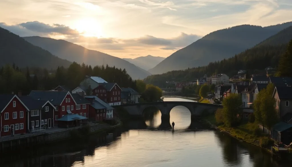 A quaint Norwegian town nestled along the banks of the Skien River, framed by rolling hills and lush forests. In the foreground, charming wooden houses with vibrant facades line the waterfront, their reflections dancing on the calm waters. In the middle ground, a historic stone bridge spans the river, pedestrians strolling across. In the background, the iconic Telemark Canal and surrounding hills create a picturesque landscape, bathed in warm golden light from the sun peeking through wispy clouds. Capture the peaceful ambiance and timeless allure of this hidden gem, Norway's Skien.