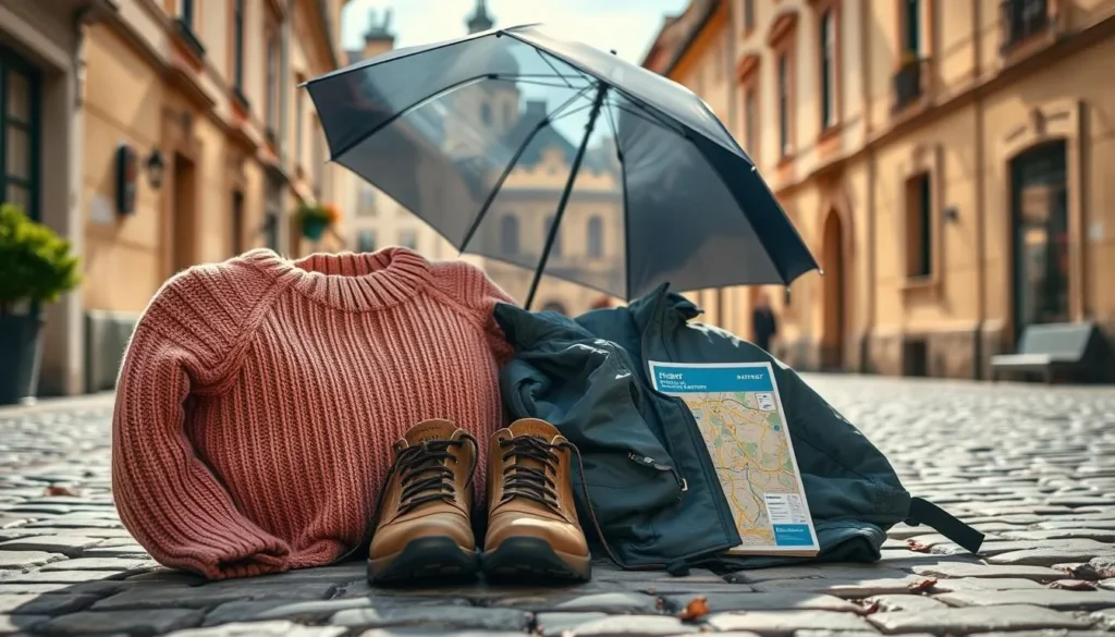 A quaint Prague street on a sunny day, cobblestones and historic architecture in the background. In the foreground, a neatly arranged collection of packing essentials - a cozy sweater, a sturdy pair of walking shoes, an umbrella, a lightweight rain jacket, and a map of the city. The lighting is warm and natural, casting a soft glow over the scene. The camera angle is slightly elevated, providing a comprehensive view of the packing items and the charming cityscape beyond. The overall mood is one of anticipation and preparedness for a weather-savvy Prague adventure.