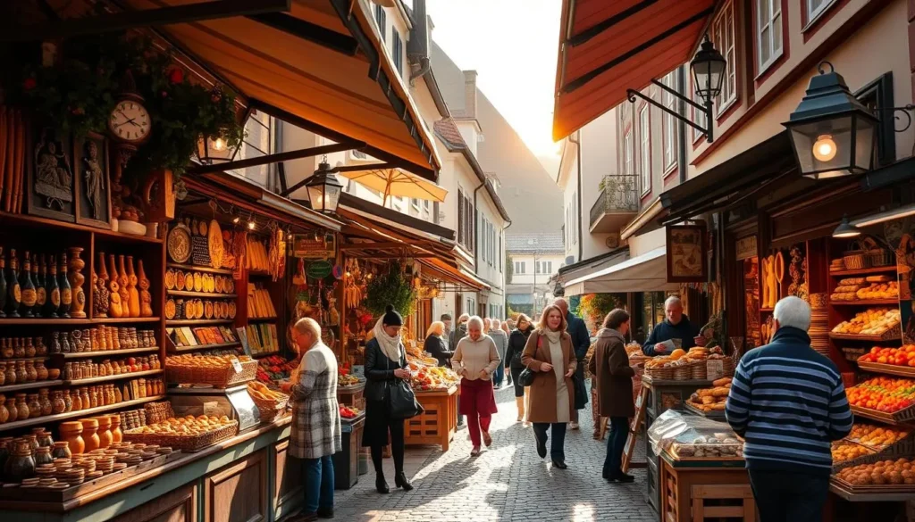 A quaint and bustling old town market in Sumperk, Czechia. Vibrant stalls line the cobblestone streets, offering an array of handcrafted souvenirs and local produce. Warm sunlight filters through the market canopies, casting a cozy glow over the scene. In the foreground, shoppers peruse the wares, from intricate wooden carvings to fragrant baked goods. The middle ground features the lively interactions of vendors and customers, while the background showcases the charming historical architecture of the town. An atmosphere of local tradition and community spirit pervades the market, inviting visitors to immerse themselves in the authentic spirit of Sumperk.