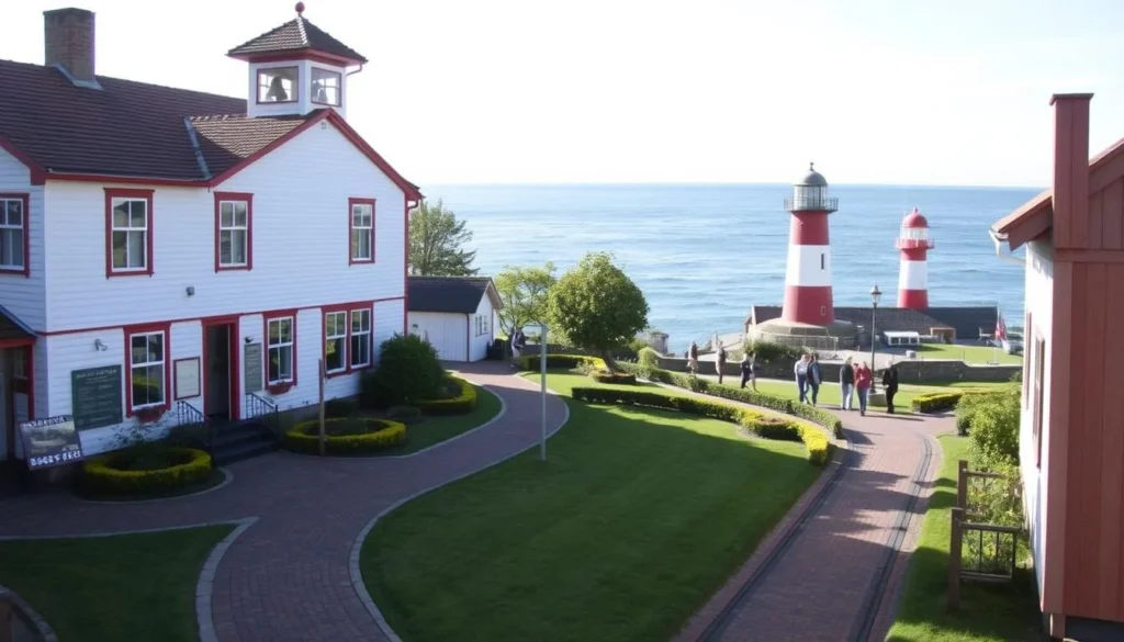 A quaint and charming museum nestled on the picturesque Vinga Island, Sweden. A two-story white building with red trim and a distinctive bell tower, surrounded by a lush, well-manicured garden. Sunlight streams through the large windows, illuminating the historic maritime artifacts and exhibits within. Visitors stroll along the brick pathways, admiring the stunning views of the Baltic Sea and the iconic red-and-white lighthouse in the distance. The museum's classical architecture and tranquil atmosphere evoke a sense of timeless elegance, inviting exploration of the island's rich nautical heritage.