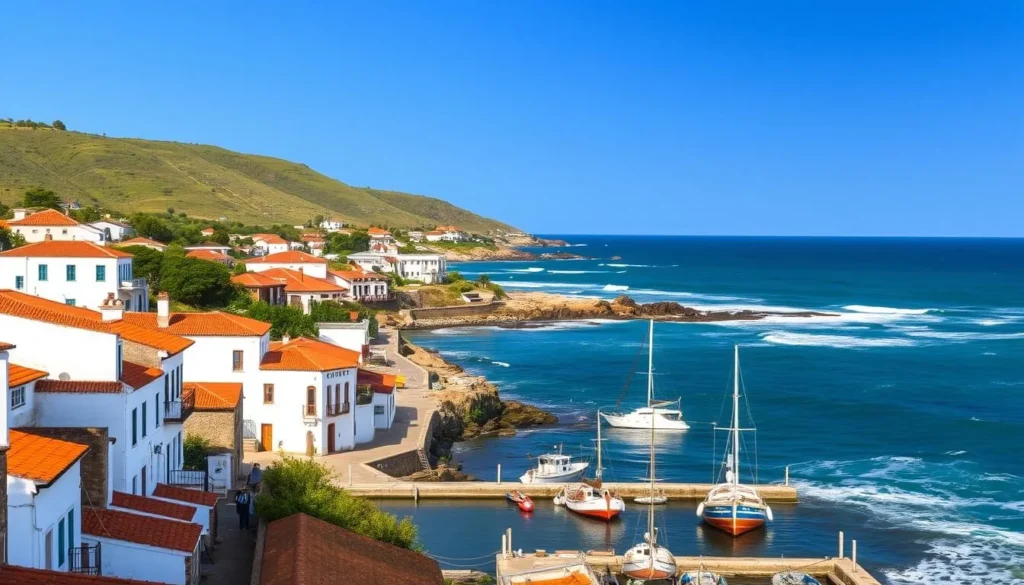 A quaint coastal town nestled along the rugged shores of Uruguay, Punta del Diablo presents a picturesque scene. In the foreground, whitewashed buildings with terracotta roofs line the narrow streets, their vibrant colors contrasting against the deep blue sky. Fishing boats bob gently in the harbor, their hulls reflecting the warm afternoon sunlight. Further inland, rolling hills covered in lush vegetation provide a verdant backdrop, while the crashing waves of the Atlantic Ocean frame the scene. A sense of tranquility and relaxation permeates the air, inviting visitors to immerse themselves in the laid-back coastal lifestyle of this charming Uruguayan town.