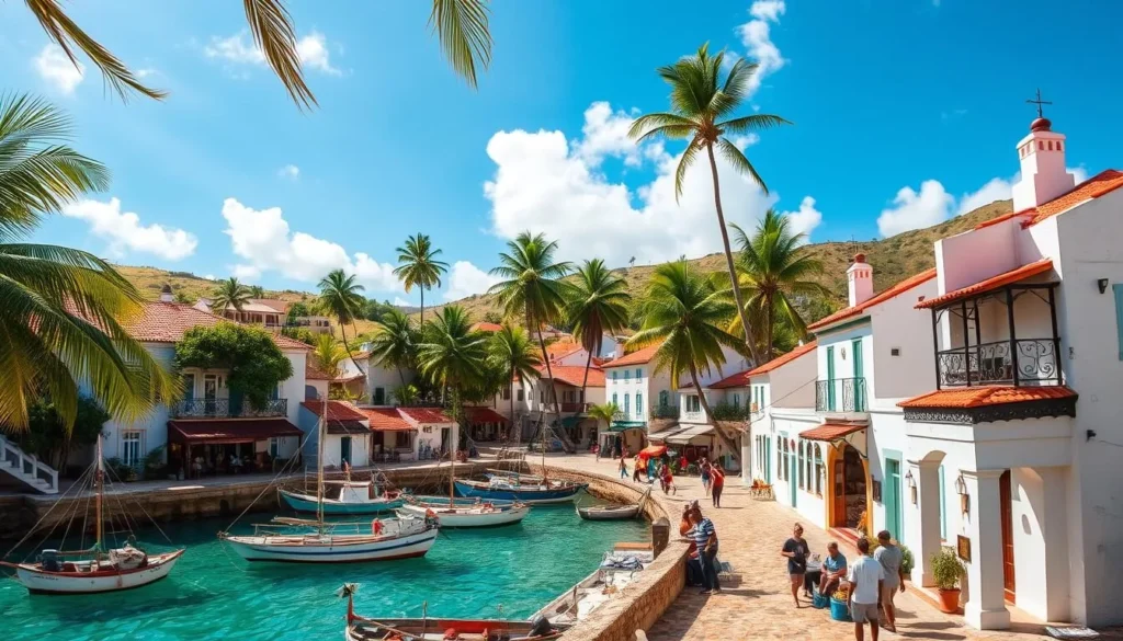 A quaint coastal village nestled on the sun-drenched shores of Gran Roque Island, Venezuela. Whitewashed buildings with red-tiled roofs dot the gentle hills, their vibrant hues reflecting in the crystal-clear turquoise waters. Fishermen's boats sway gently in the harbor, their nets and lines drying in the warm Caribbean breeze. Lush palm trees sway overhead, casting dappled shadows on the cobblestone streets where locals and visitors mingle, exploring the charming shops and cafes. The scene is bathed in a warm, golden light, conveying a sense of tranquility and timeless coastal charm.