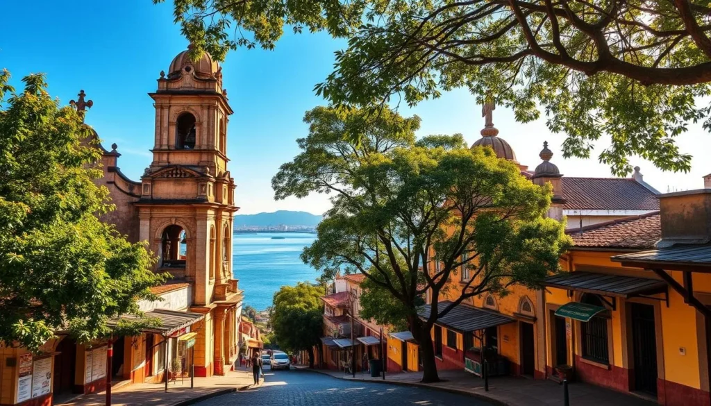 A quaint colonial town nestled along the banks of the Magdalena River, Mompox is home to a stunning collection of historic churches. Capture the essence of this picturesque setting with an image showcasing the ornate facades and bell towers of the town's most iconic religious landmarks. Dappled sunlight filters through the lush foliage, casting warm, golden hues across the weathered stone walls. In the foreground, cobblestone streets wind through the charming town center, flanked by vibrant local shops and residences. In the distance, the majestic Magdalena River shimmers under a clear, azure sky. Convey the serene, timeless atmosphere of this UNESCO World Heritage site, where the past and present seamlessly coexist.