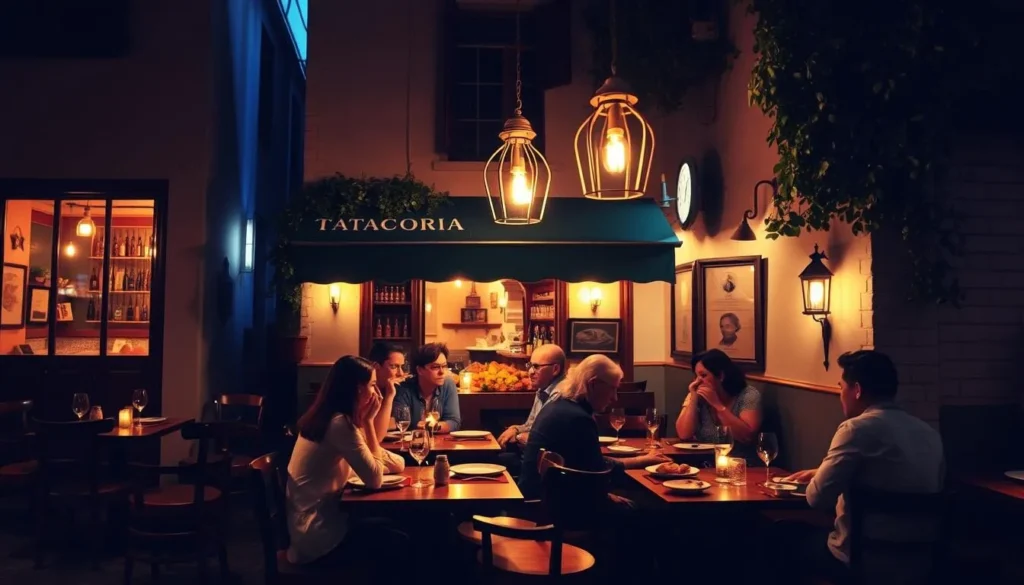 A quaint family-owned trattoria nestled in the heart of Brasilia's residential neighborhoods, the warm glow of candlelight spilling onto a cobblestone street. Inside, an intimate setting with rustic wooden tables, the aroma of simmering tomato sauce and fresh-baked focaccia wafting through the air. A group of locals and expatriates alike enjoy a leisurely Italian meal, sipping Chianti and sharing lively conversation under the soft illumination of vintage chandeliers. The scene captures the charm and authentic flavors of Italian dining, a hidden gem away from the sleek modernist architecture of Brasilia's city center.