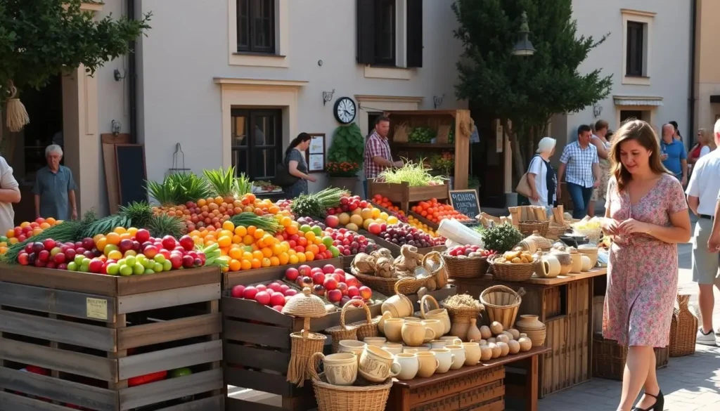 A quaint farmer's market display in a sun-dappled town square, overflowing with vibrant local produce, artisanal baked goods, and handcrafted wares. Weathered wooden crates hold an array of fresh fruits and vegetables, their colors popping against the soft gray backdrop of the town hall. In the foreground, a vendor arranges intricately woven baskets, ceramic mugs, and hand-carved wooden trinkets, beckoning passersby to explore the bounty of the region. The warm, golden light casts a cozy glow, evoking a sense of community and tradition. Shoppers stroll casually, chatting with the local artisans and selecting the perfect unique souvenirs to take home. A quaint farmer's market display in a sun-dappled town square, overflowing with vibrant local produce, artisanal baked goods, and handcrafted wares. Weathered wooden crates hold an array of fresh fruits and vegetables, their colors popping against the soft gray backdrop of the town hall. In the foreground, a vendor arranges intricately woven baskets, ceramic mugs, and hand-carved wooden trinkets, beckoning passersby to explore the bounty of the region. The warm, golden light casts a cozy glow, evoking a sense of community and tradition. Shoppers stroll casually, chatting with the local artisans and selecting the perfect unique souvenirs to take home.