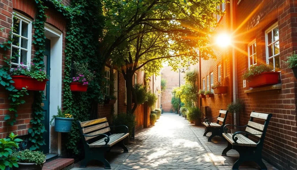A quaint, hidden alleyway in the heart of Bromley, shrouded in the warm glow of afternoon light. Cobblestone path leads between charming brick townhouses, adorned with colorful flower boxes and ivy-covered walls. Delicate sunbeams filter through the canopy of overhanging trees, casting gentle shadows on the ground. A weathered wooden bench invites passersby to pause and soak in the tranquil, timeless atmosphere of this unexpected urban oasis. Lush greenery and the faint sound of birdsong create a sense of serene escapism, transporting the viewer to a bygone era. Capture the essence of a hidden gem - a peaceful sanctuary amidst the bustling city.