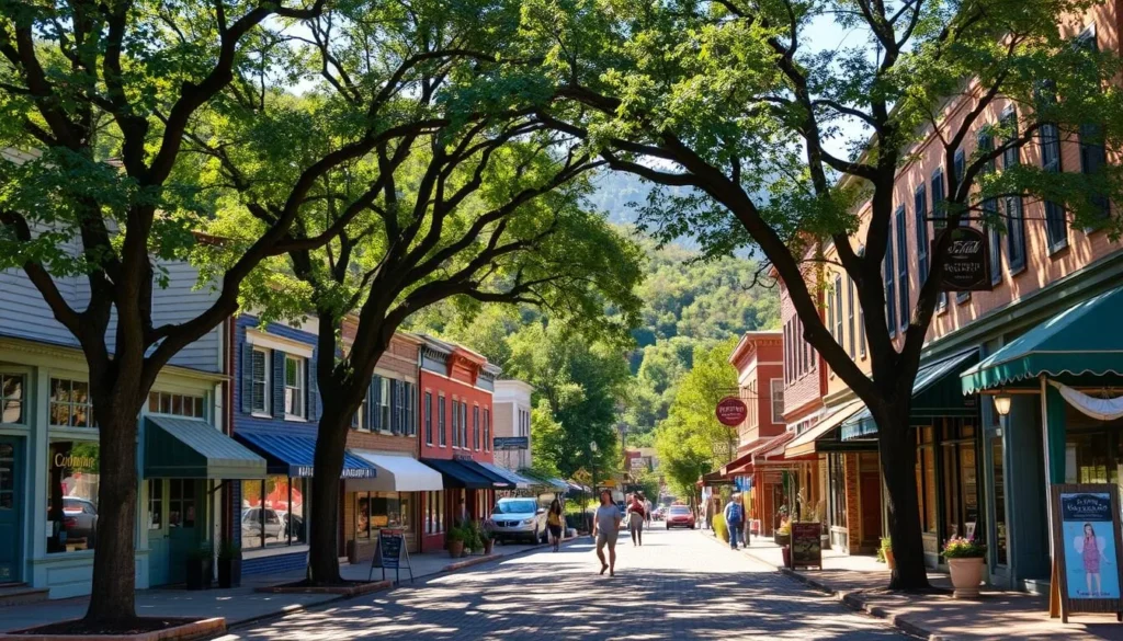 A quaint, historic downtown of Blue Ridge, Georgia, nestled against a backdrop of lush, rolling hills. Cobblestone streets lead visitors through a charming collection of century-old buildings, their weathered facades in shades of azure and sage. Warm sunlight filters through towering hardwood trees, casting dappled shadows on the sidewalks below. Boutique shops and local eateries line the bustling main thoroughfare, their colorful awnings and inviting entryways beckoning passersby to explore. A serene atmosphere permeates the scene, inviting visitors to slow their pace and soak in the timeless ambiance of this picturesque mountain town.