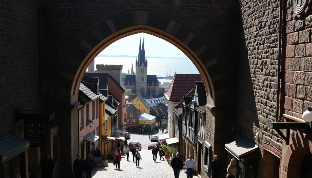 A quaint medieval town nestled along the Baltic Sea, Visby's striking stone walls and towers stand as a testament to its storied past. Sunlight filters through the arched gates, casting a warm glow over the cobblestone streets and half-timbered buildings. In the foreground, residents and visitors wander the picturesque alleyways, their lively chatter echoing through the well-preserved historic district. The middle ground features the iconic Sankta Maria Cathedral, its impressive spires reaching skyward. Beyond, the shimmering azure waters of the harbor stretch out, framed by the town's sturdy defensive walls. An idyllic scene of Sweden's medieval gem, where the past and present seamlessly intertwine.