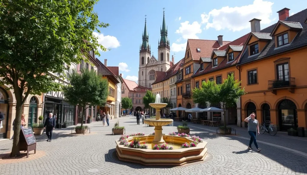 A quaint old town square in Brandys nad Labem-Stara Boleslav, Czechia, on a pleasant sunny day. Cobblestone streets lined with historic buildings in warm, earthy tones - ornate facades, tiled roofs, and intricate architectural details. In the center, an ornamental fountain glistens, surrounded by flower-filled planters and trees providing dappled shade. Locals and visitors stroll leisurely, admiring the well-preserved architecture and relaxed atmosphere. In the background, the spires of a magnificent cathedral rise, complementing the tranquil, picturesque scene.
