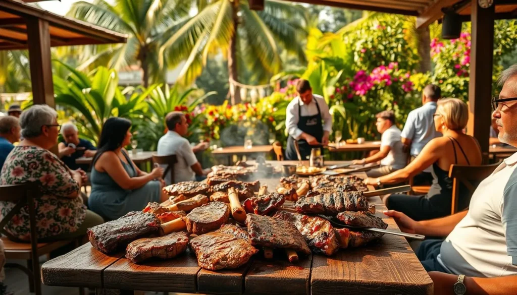 A quaint outdoor churrascaria in Brasilia, Brazil. In the foreground, a rustic wooden table is set with an array of budget-friendly grilled meats, sizzling and caramelized. Diners sit around, enjoying the lively atmosphere and the aroma of charcoal-fired churrasco. In the middle ground, servers in crisp white shirts and black aprons expertly carve succulent cuts tableside. Beyond, a lush, verdant backdrop of palm trees and vibrant flowers frames the scene, bathed in warm, golden afternoon light. The overall mood is one of authentic, unpretentious culinary delight - a celebration of Brazil's beloved churrasco culture, accessible to all.