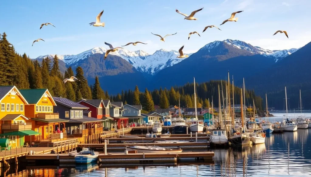 A quaint seaside town nestled in the rugged Coast Mountains, Bella Coola's picturesque harbor is framed by lush evergreen forests and snow-capped peaks. Colorful wooden buildings line the waterfront, their reflections dancing on the calm inlet waters. Fishing boats sway gently at the docks, while seagulls soar overhead, their cries carried on a gentle breeze. Warm sunshine bathes the scene in a soft, golden glow, creating a serene and inviting atmosphere that captures the essence of this remote British Columbian community.