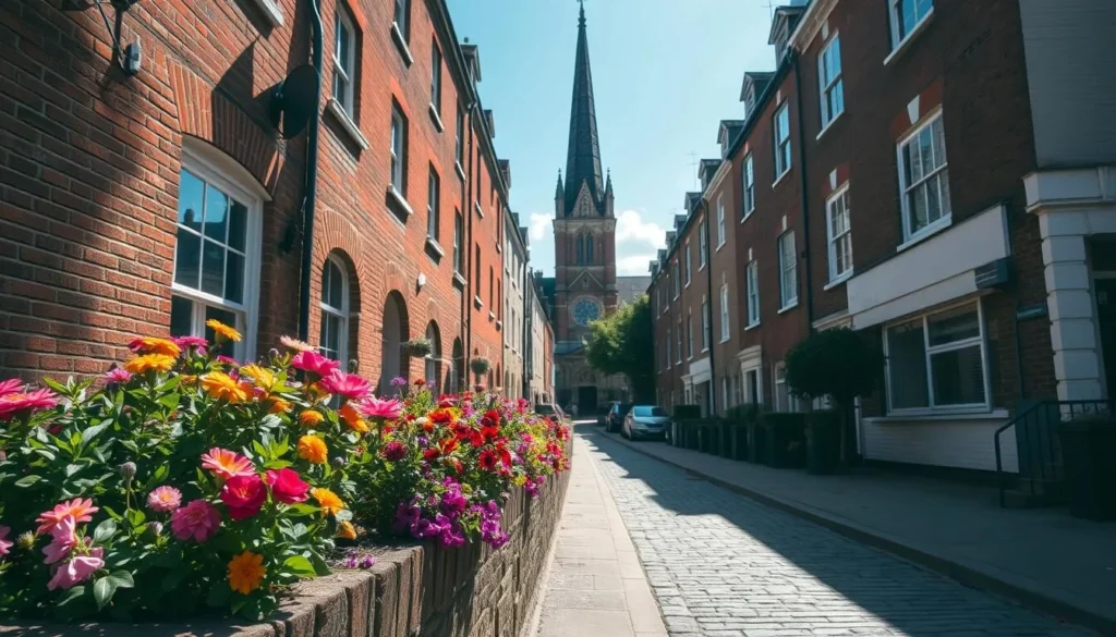 A quaint street in Lewisham, London, lined with charming brick townhouses, their colorful facades gently weathered by time. Sunlight dapples the cobblestones, casting warm shadows across the scene. In the foreground, a vibrant flower-filled garden spills over a low stone wall, its bursts of color drawing the eye. Down the street, a historic church steeple pierces the blue sky, its ornate architecture a testament to Lewisham's rich history. The mood is one of peaceful tranquility, an oasis of calm amidst the bustling city. Captured through the lens of a vintage camera, this hidden gem evokes the timeless character of the borough.