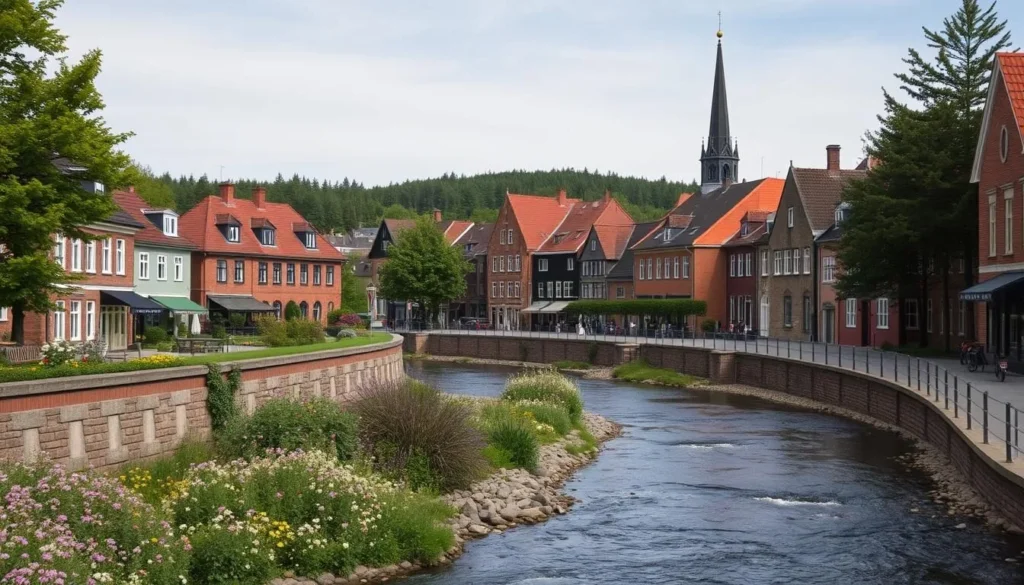 A quaint town nestled in Sweden's Östergötland region, Norrkoping comes alive with seasonal splendor. In the foreground, a picturesque river winds through the heart of the city, its banks dotted with blooming wildflowers in the spring. In the middle ground, historic brick buildings and cobblestone streets create a charming backdrop, while the background is framed by lush, verdant forests. As the seasons change, capture the town's transformation - vibrant autumn foliage, a winter wonderland of snow-capped roofs, and the rejuvenating energy of summer. Utilize natural lighting to showcase Norrkoping's timeless beauty, with a crisp, clean lens that captures the essence of this delightful Swedish destination.