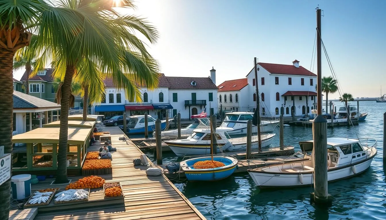 A quaint waterfront scene in Tarpon Springs, Florida, showcasing the historic Sponge Docks. Sunlight filters through the palm trees, casting warm hues on the weathered wooden docks and bustling boats. In the foreground, local sponge divers display their catch, their vibrant colors contrasting with the muted tones of the surrounding buildings. The middle ground features traditional Greek-style architecture, with white-washed walls and terracotta roofs. In the background, the serene waters of the Gulf of Mexico shimmer, inviting visitors to explore the area's unique history and culture. The overall atmosphere is one of tranquility and authenticity, capturing the essence of this charming Florida destination.