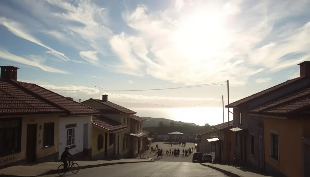 A quiet, wind-swept coastal town in central Chile during the shoulder season. Warm, golden sunlight filters through wispy clouds, casting a soft glow over the weathered buildings and sleepy streets. In the foreground, a lone cyclist pedals leisurely past colorful houses with tiled roofs, their faded paint hinting at the area's history. In the middle ground, a small plaza bustles with a few locals and tourists, enjoying the mild temperatures and lack of crowds. Distant rolling hills and the vast Pacific Ocean form the tranquil backdrop, the perfect scene to illustrate off-peak travel in this stunning region.