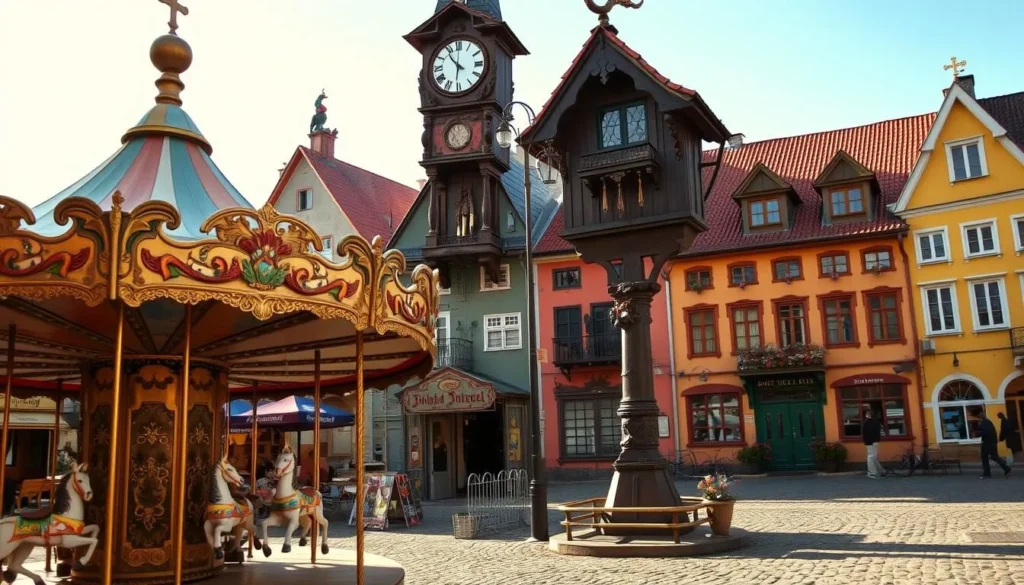 A quirky and whimsical scene in a small Czech town, bathed in warm afternoon sunlight. In the foreground, a vintage carousel spins lazily, its painted horses and gilded accents glinting. Towering over it, a crooked clocktower leans slightly, its face adorned with a playful array of cuckoo birds and pendulums. In the background, colorful buildings with mismatched architectural styles line the cobblestone streets, their facades adorned with quirky statues and unexpected details. A sense of playful charm and offbeat character permeates the entire scene, inviting the viewer to explore and discover the unique attractions of this quirky locale.